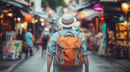 Obraz premium Person with backpack exploring vibrant market street filled with shops and lights