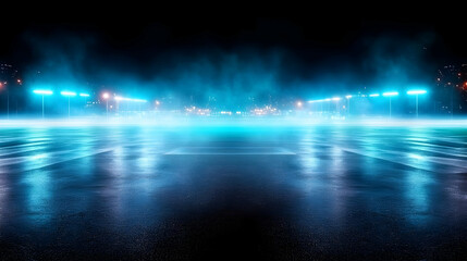 Obraz premium Dark Empty City Street At Night With Blue Fog Smoke Wet Asphalt And Bright Lights Reflections In Puddles Moody Urban Background