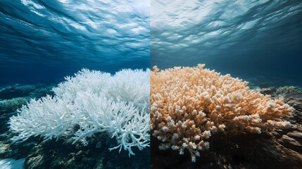 Comparison of healthy and bleached coral reefs in a vibrant underwater ecosystem