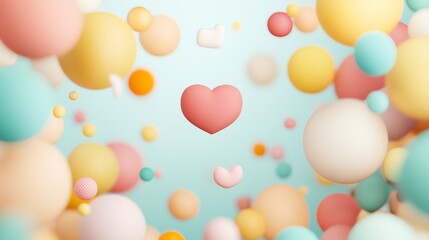 Floating Heart and Spheres Pastel Colors Minimalist Background Design