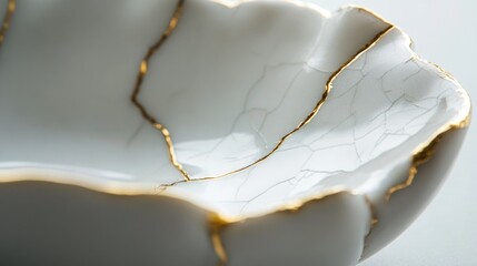 Close up view of a white ceramic bowl with gold veins