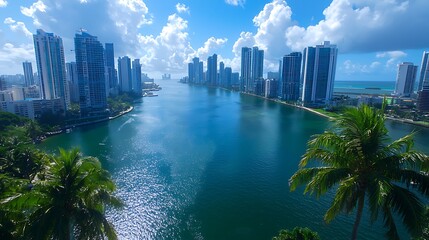 Panoramic Urban Park View with Buildings and Water Reflection