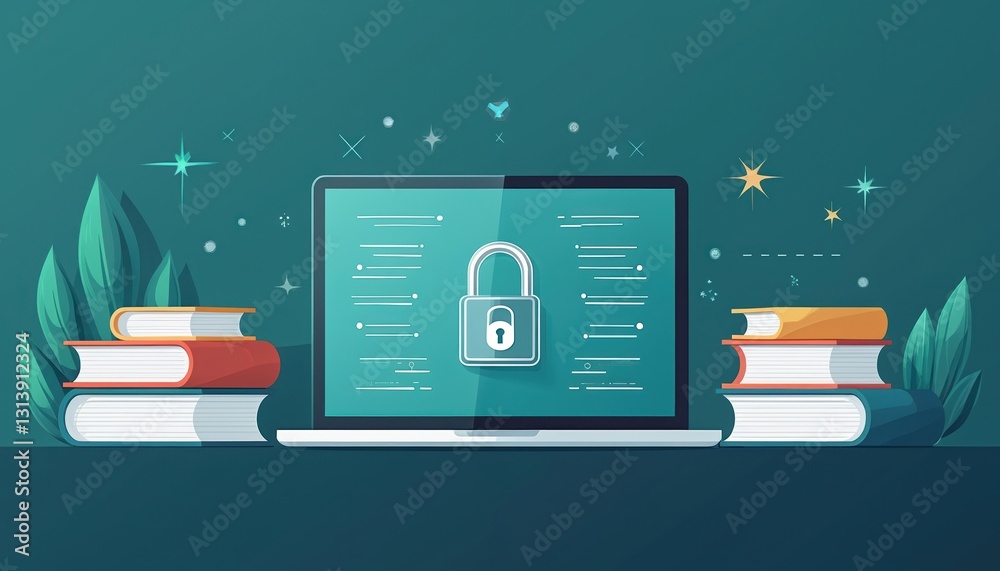 Poster laptop displays security lock icon, books, documents cybersecurity, info protection in digital learn