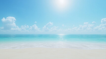 A tropical beach with golden sand and crystal-clear turquoise waters shimmering under the bright sun. Gentle waves ripple along the shore, creating a peaceful and relaxing paradise. Beautiful nature.