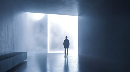 Fototapeta premium A silhouetted figure standing alone in a bright open space
