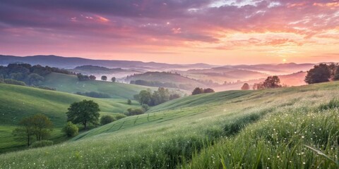 Fototapeta premium A dreamy sunrise over rolling green hills covered in fresh spring dew