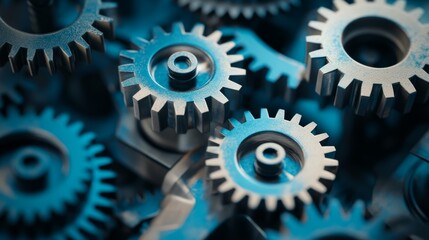 Detailed close-up showcasing metallic gears intricately arranged in a machinery background. Ideal for themes of engineering, technology, and mechanical design.