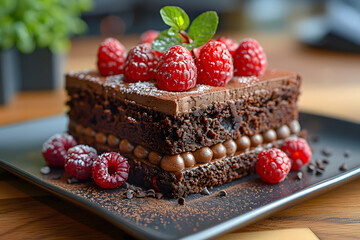 Chocolate cake, consisting of layers of dough and chocolate glaze, topped with fresh berries. On a dark wooden surface with elements of craft art. For culinary blogs, articles, magazines