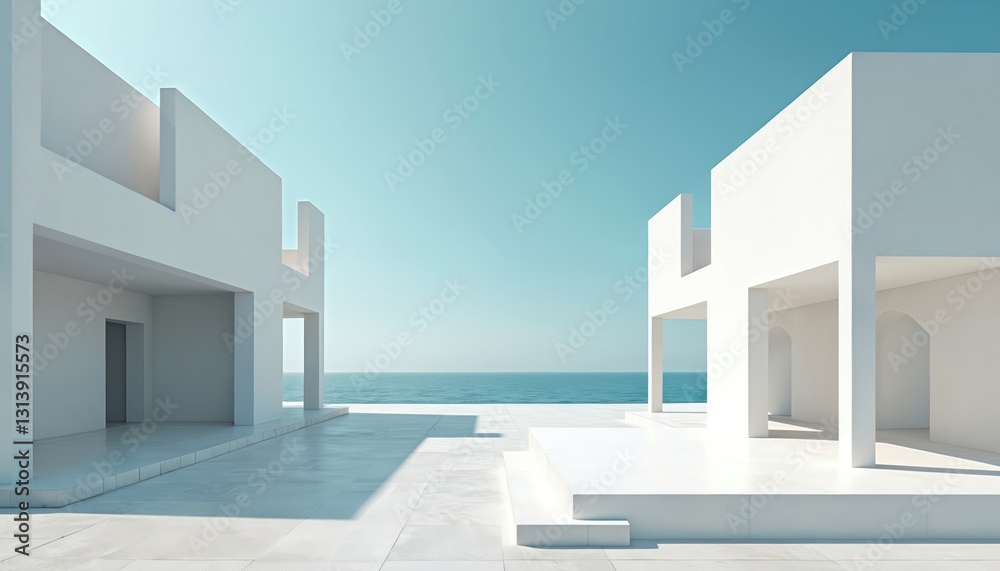 Aufkleber minimalist architecture background with white buildings and blue sea on skyline. building design in 