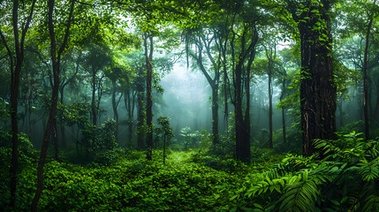Obraz premium Lush Green Forest With Fog Sunlight And Dense Vegetation