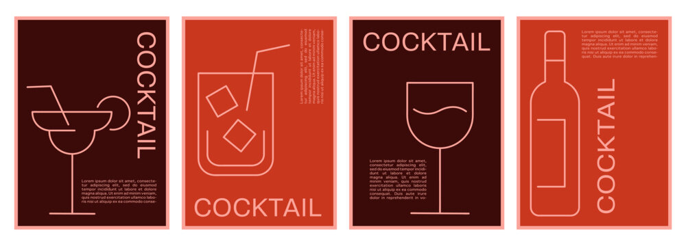 set of minimalist cocktail posters, line icons of cocktails like mojito, wine, margarita, place for text or menu