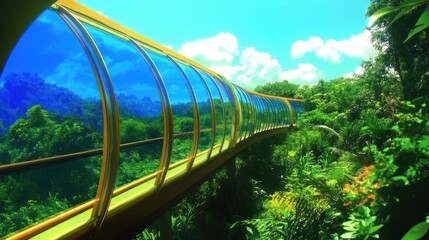 Fototapeta premium Elevated walkway traverses lush jungle, offering panoramic view of greenery under vibrant sky
