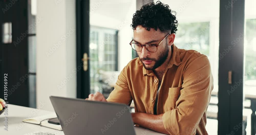 Leinwandbilder laptop, thinking and man in home office for reading feedback, planning or insight for solution. comp