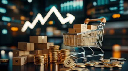 stack of shiny coins beside shopping cart filled with cardboard boxes. In background, glowing white upward arrow and trading charts illustrate economic concepts of inflation, rising grocery prices