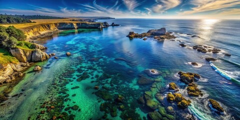 Naklejka premium Coastal Panorama Serene Ocean Bay with Rocky Shoreline and Vibrant Underwater Reef