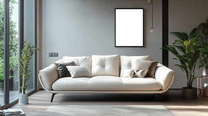 Modern living room with elegant white sofa and blank frame mockup – Minimalist interior design