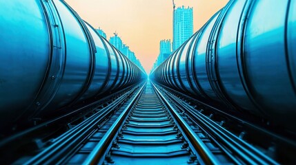 Industrial Railway Tracks with Tanker Cars Under Urban Skyline