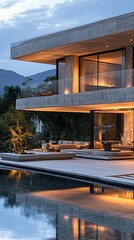 Fototapeta premium Discover a stunning minimalist architecture featuring concrete and glass that seamlessly integrates with nature, showcasing elegance and modern design.