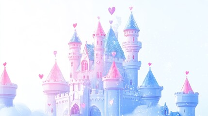 Fototapeta premium Pastel castle, hearts floating, dreamy sky, fairytale scene, romantic design