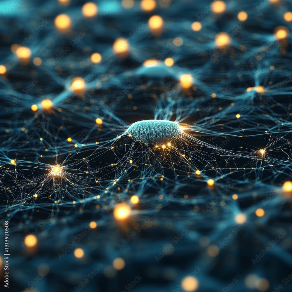 Poster A close up of a cluster of glowing dots that resemble a brain. Concept of complexity and interconnectedness, as the dots are arranged in a way that resembles neural networks