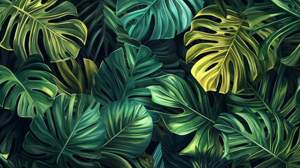 Lush tropical monstera leaves green and yellow botanical background dark leaf plant flora image