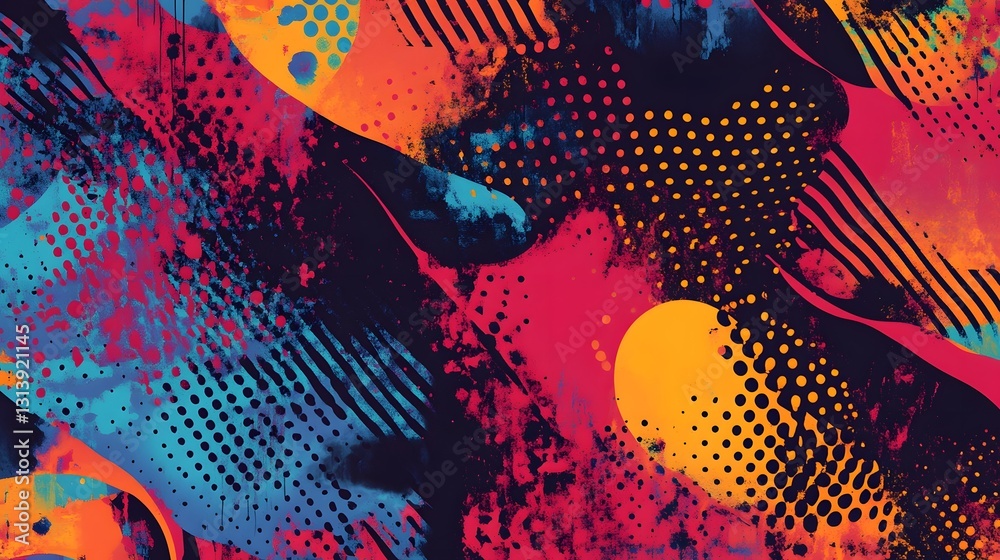Poster vibrant kaleidoscopic digital art with geometric shapes and splashing patterns