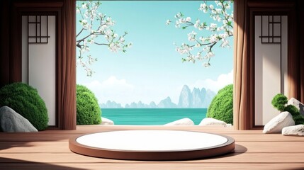 Fototapeta premium Empty Round Display Podium in Asian-Style Room with Cherry Blossoms and Mountain View