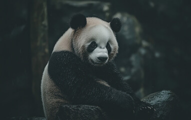 Naklejka premium Giant Panda in Dark Forest Setting