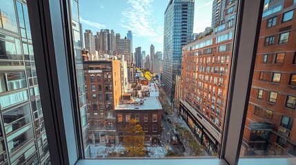A stunning view of an urban cityscape through a modern glass window, showcasing the dynamic blend of architecture, nature, and city life during daylight.