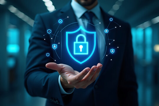 A professional businessman in a sleek suit, extending his hand while a glowing blue security shield with a lock icon hovers above his palm - Powered by Adobe