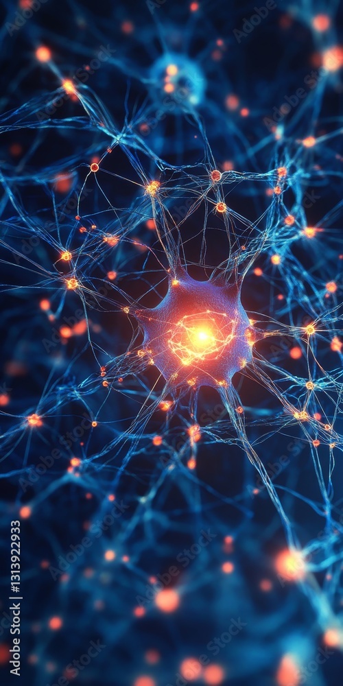 Poster intricate neural network with glowing synapses and dynamic connections