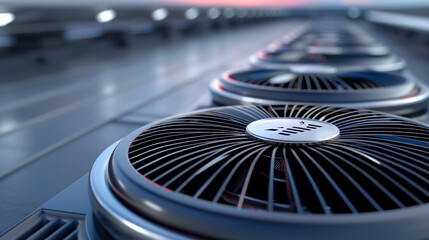 Close-up of industrial rooftop fans, showcasing modern design and efficient technology in cooling systems.