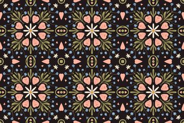 Colorful floral pattern with intricate details on a dark background showcases natural elements and vibrant designs