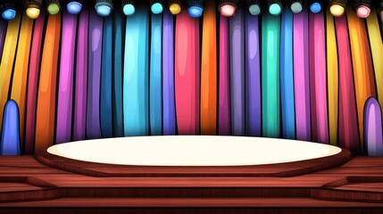 Empty stage Colorful curtain backdrop, wooden platform with lights shining above