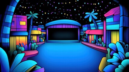 Empty stage glows amidst vibrant tropical town against starry night sky
