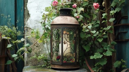 Old lantern repurposed with flowers and vines growing inside