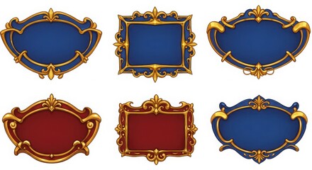 A set of six ornate frames with distinct designs and color schemes for decorative use