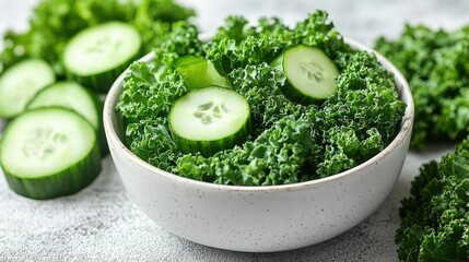 Obraz premium fresh kale and cucumber in white bowl on white background