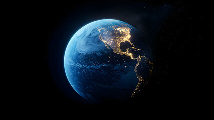 Obraz premium Pixel Art Earth At Night From Space With City Lights Across North America On A Dark Blue Globe