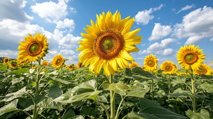 Vibrant Yellow Sunflowers in a Field Under a Blue Sky