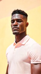 Obraz premium Charming Caribbean man in pastel pink polo shirt looking relaxed