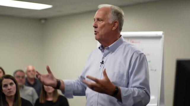Senior man explaining something during a training session or conference or presentation. Manager or instructor.