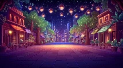 Empty street scene with lanterns at night. Buildings, trees, starry sky background