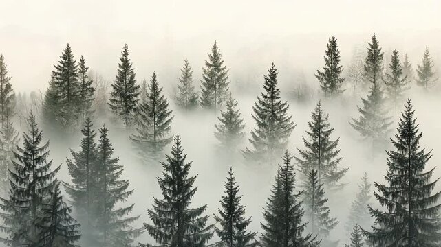 Mystical Forest Canopy: A serene and evocative forest canopy shrouded in a delicate layer of mist, creating an ethereal and otherworldly ambiance.