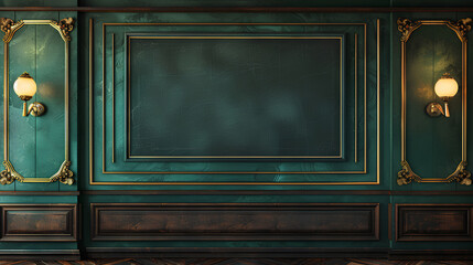 3D rendering of a wall with decorative panels and sconces in a dark green color, in a classical style.