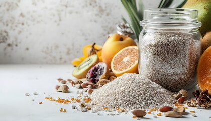Chia Seeds and Assorted Fruits Healthy Breakfast Ingredients