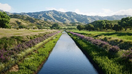 Obraz premium Serene River Flowing Through Lush Valley and Colorful Wildflowers