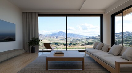 Fototapeta premium Modern Living Room With Scenic Mountain View Through Large Windows