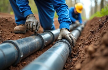 Workers install plastic pipes in trench for water, sewerage, electricity, fiber optics in urban center. Construction of drinking water plumbing pipeline repair in springtime. Man in safety gloves