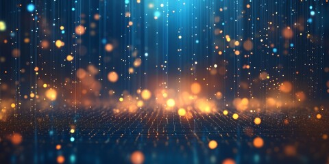 Fototapeta premium A blue background with orange and yellow dots. The dots are scattered all over the background, creating a sense of movement and energy. The image is abstract and dynamic